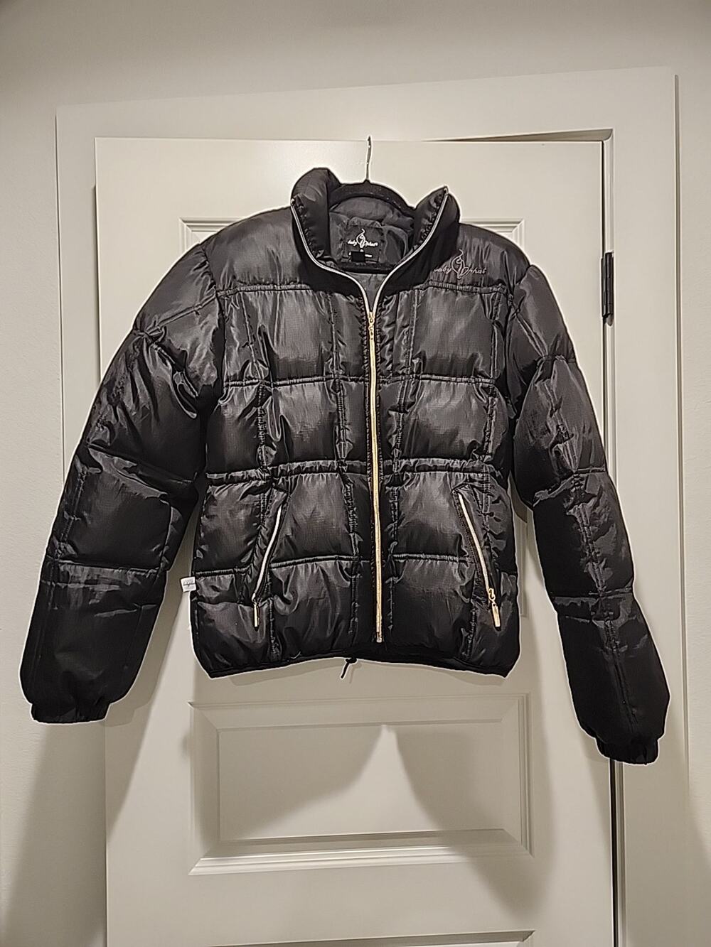 Baby Phat Womens Large Black Puffer Jacket Full Zip Winter Coat Gold Accents